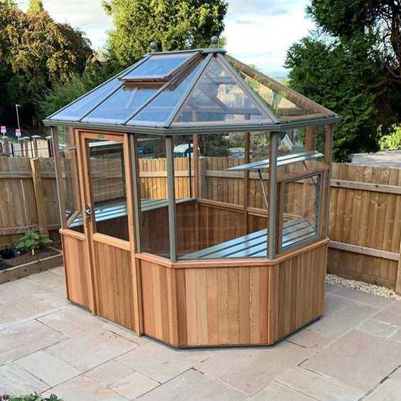 Octagonal Cedar Greenhouse Kit 9 x 12 ft. with Safety Glass