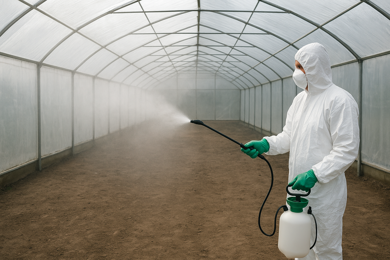 Person wearing gloves cleaning a greenhouse window with a spray bottle and cloth for greenhouse maintenance.