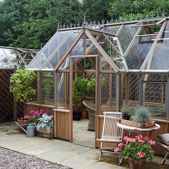 Cambridge T - Shaped Cedar Greenhouse Kit with 3mm Safety Glass and Aluminum Base - Greenhouse Megastore