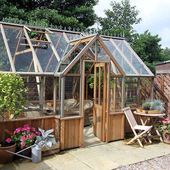 Cambridge T - Shaped Cedar Greenhouse Kit with 3mm Safety Glass and Aluminum Base - Greenhouse Megastore