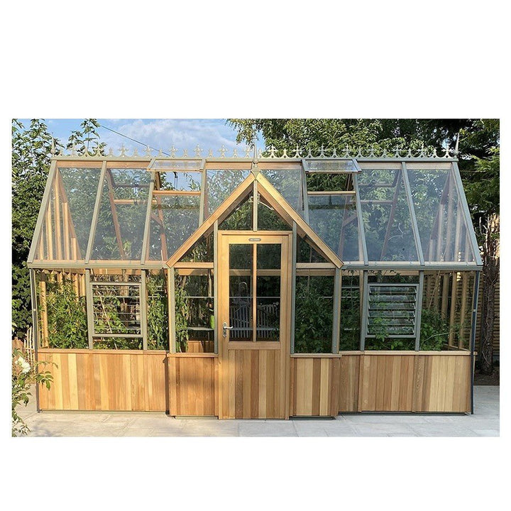 Cambridge T - Shaped Cedar Greenhouse Kit with 3mm Safety Glass and Aluminum Base - Greenhouse Megastore