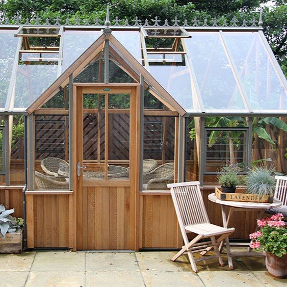 Cambridge T - Shaped Cedar Greenhouse Kit with 3mm Safety Glass and Aluminum Base - Greenhouse Megastore