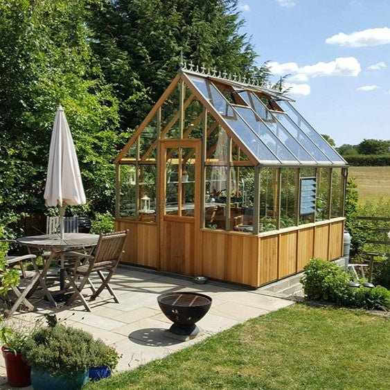 Cheltenham Cedar Greenhouse Kit, 9 ft. Wide with 3mm Safety Glass and Cedar Wood Frame - Greenhouse Megastore