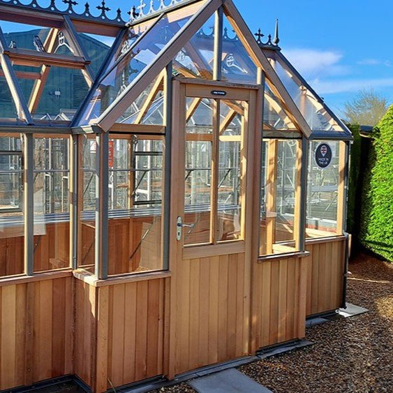 Durham T - Shaped Cedar Greenhouse Kit, 7.5 Wide with 3mm Safety Glass - Greenhouse Megastore