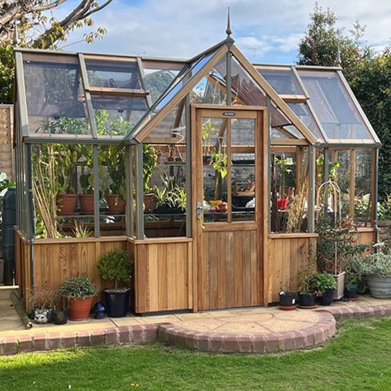Durham T - Shaped Cedar Greenhouse Kit, 7.5 Wide with 3mm Safety Glass - Greenhouse Megastore
