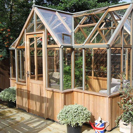 Durham T - Shaped Cedar Greenhouse Kit, 7.5 Wide with 3mm Safety Glass - Greenhouse Megastore