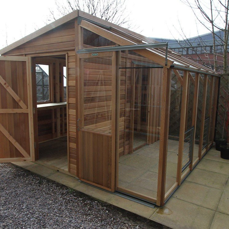 Fusion Hybrid Cedar Workshop & Greenhouse Kit 10 ft. Wide with 3mm Safety Glass and Cedar Frame - Greenhouse Megastore