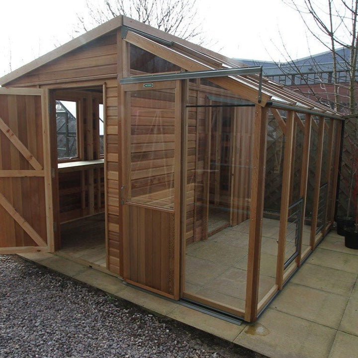 Fusion Hybrid Cedar Workshop & Greenhouse Kit 10 ft. Wide with 3mm Safety Glass and Cedar Frame - Greenhouse Megastore