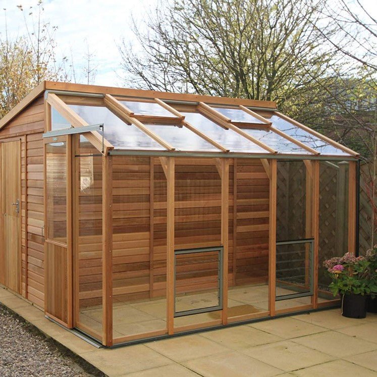 Fusion Hybrid Cedar Workshop & Greenhouse Kit 10 ft. Wide with 3mm Safety Glass and Cedar Frame - Greenhouse Megastore