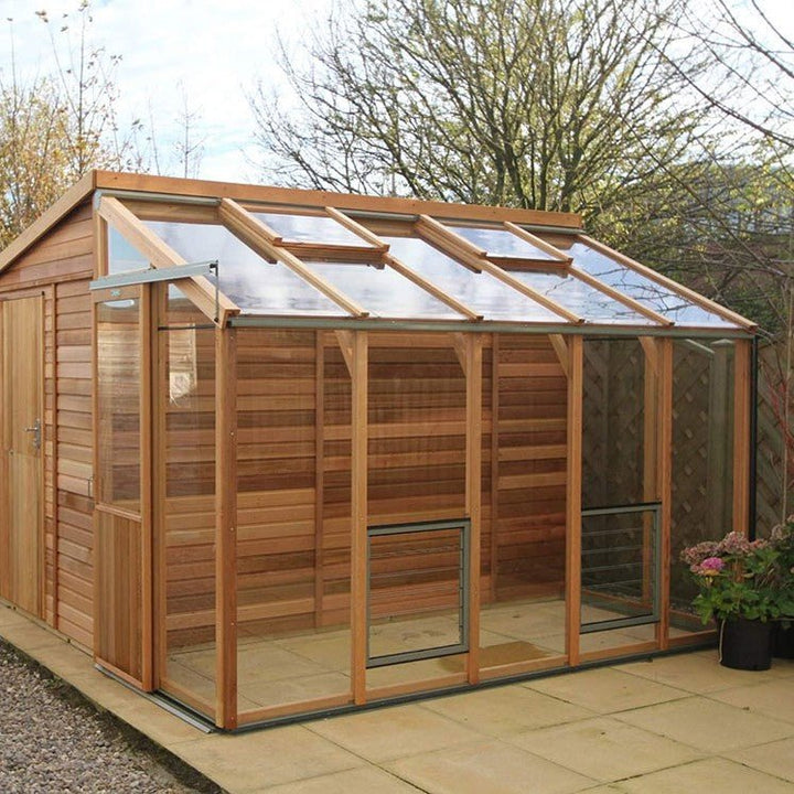 Fusion Hybrid Cedar Workshop & Greenhouse Kit 10 ft. Wide with 3mm Safety Glass and Cedar Frame - Greenhouse Megastore
