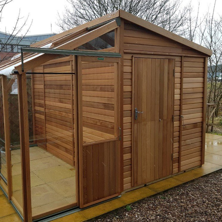 Fusion Hybrid Cedar Workshop & Greenhouse Kit 10 ft. Wide with 3mm Safety Glass and Cedar Frame - Greenhouse Megastore