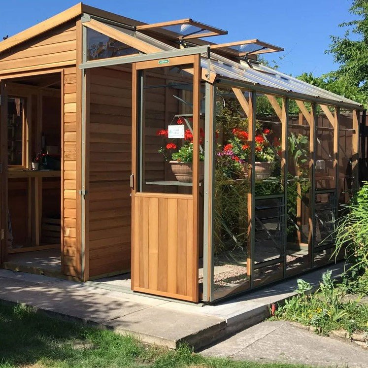 Fusion Hybrid Cedar Workshop & Greenhouse Kit 10 ft. Wide with 3mm Safety Glass and Cedar Frame - Greenhouse Megastore