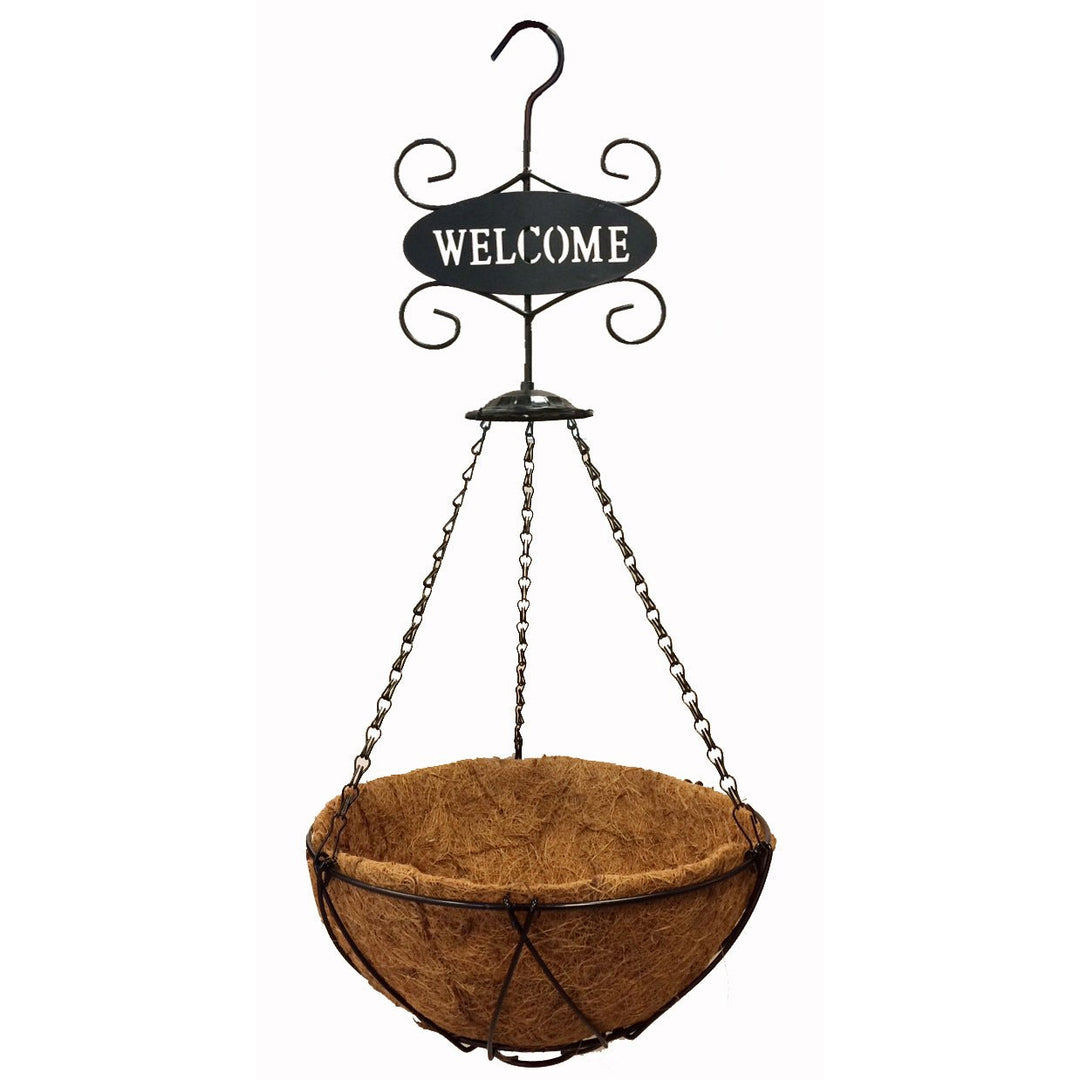 black hanging basket planter Gardener Select™ Black Hanging Basket with Welcome Sign