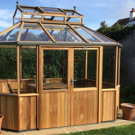 Octagonal Cedar Greenhouse Kit 9 x 12 ft. with 3mm Safety Glass and Western Red Cedar Frame - Greenhouse Megastore