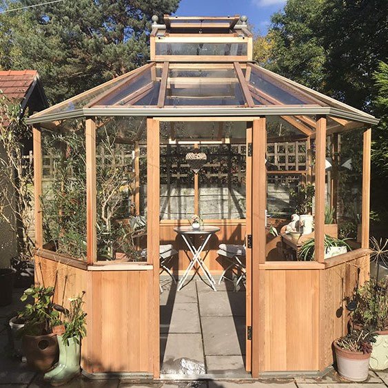 Octagonal Cedar Greenhouse Kit 9 x 12 ft. with 3mm Safety Glass and Western Red Cedar Frame - Greenhouse Megastore