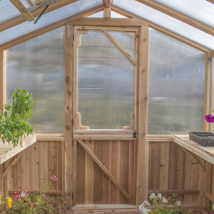 Outdoor Living Greenhouse Kit 8 ft. Wide with 6mm Twin Wall Polycarbonate Panels and Cedar Wood Frame - Greenhouse Megastore