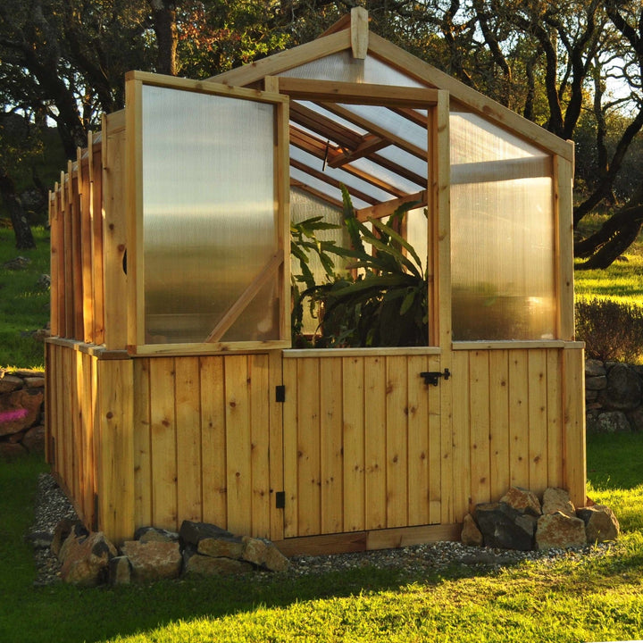 Outdoor Living Greenhouse Kit 8 ft. Wide with 6mm Twin Wall Polycarbonate Panels and Cedar Wood Frame - Greenhouse Megastore