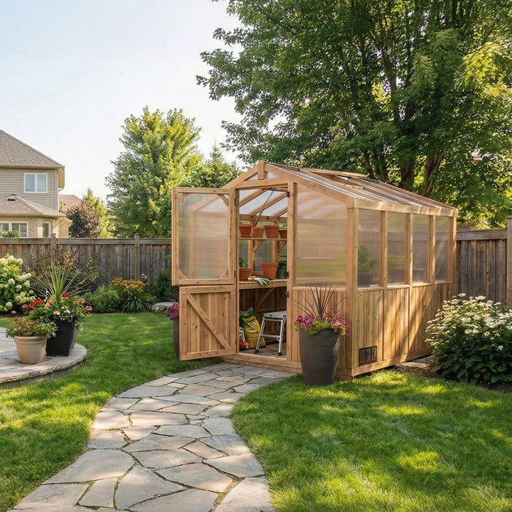 Outdoor Living Greenhouse Kit 8 ft. Wide with 6mm Twin Wall Polycarbonate Panels and Cedar Wood Frame - Greenhouse Megastore