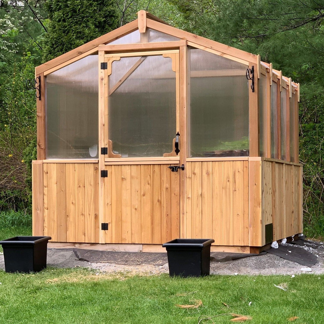 Outdoor Living Greenhouse Kit 8 ft. Wide with 6mm Twin Wall Polycarbonate Panels and Cedar Wood Frame - Greenhouse Megastore