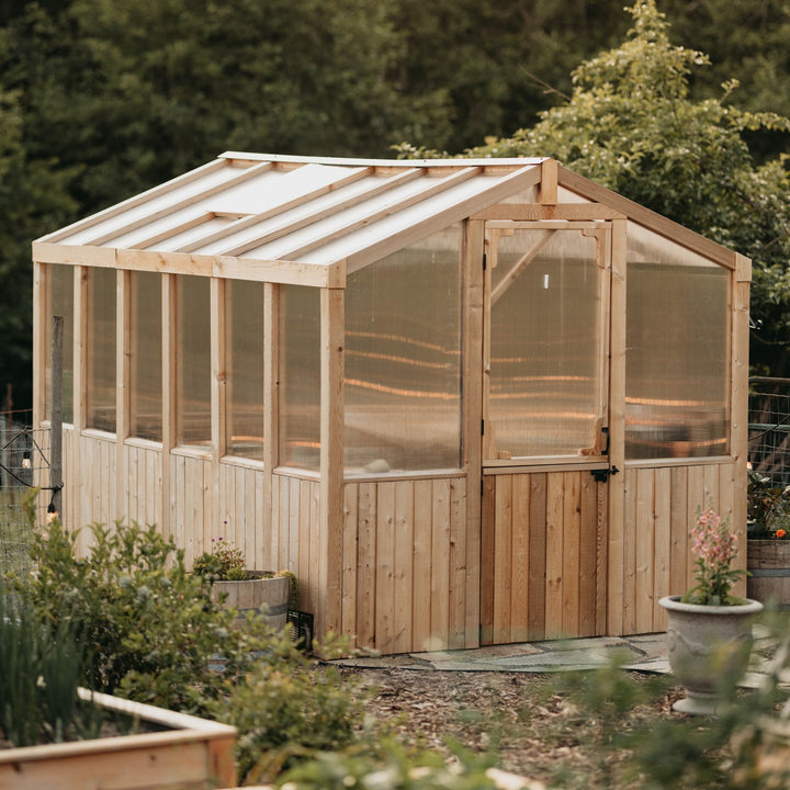 Outdoor Living Greenhouse Kit 8 ft. Wide with 6mm Twin Wall Polycarbonate Panels and Cedar Wood Frame - Greenhouse Megastore