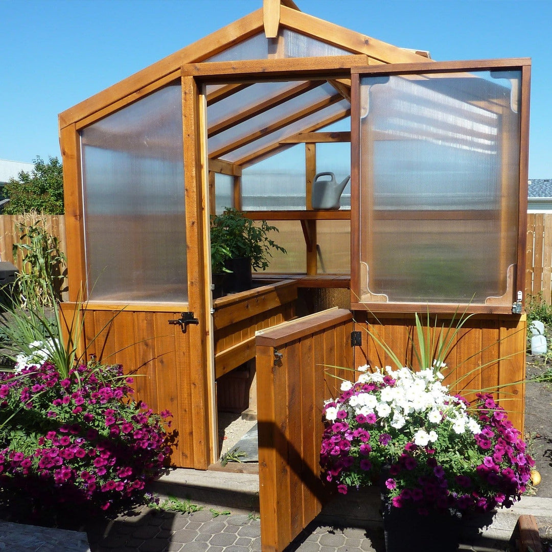 Outdoor Living Greenhouse Kit 8 ft. Wide with 6mm Twin Wall Polycarbonate Panels and Cedar Wood Frame - Greenhouse Megastore