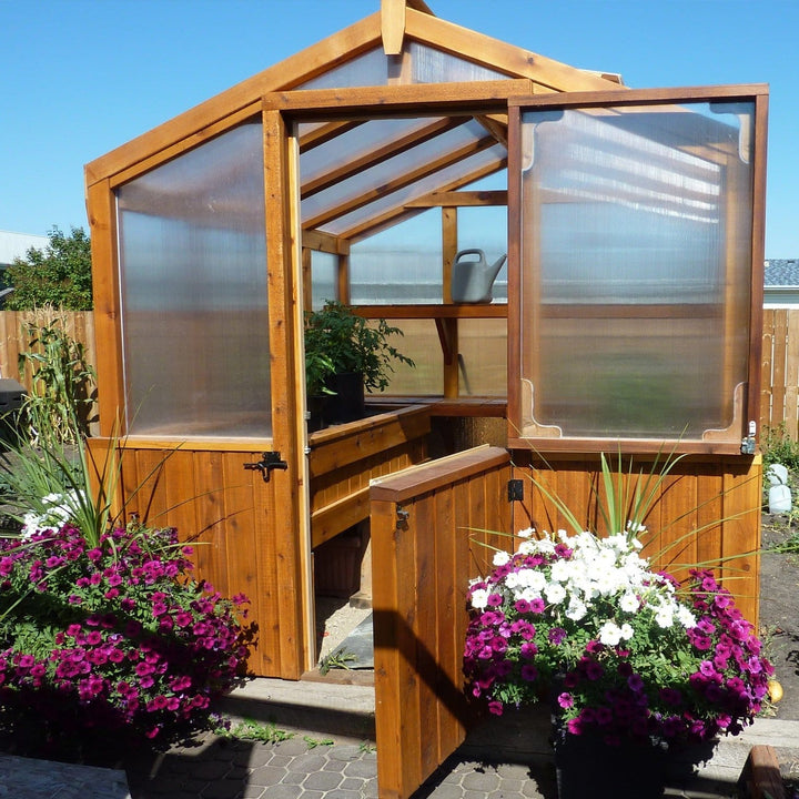 Outdoor Living Greenhouse Kit 8 ft. Wide with 6mm Twin Wall Polycarbonate Panels and Cedar Wood Frame - Greenhouse Megastore