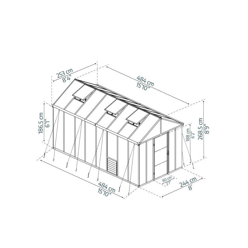 Palram - Canopia Glory Premium DIY Greenhouse Kit 8 ft. Wide with 10mm Twinwall Polycarbonate Panels and Aluminum Frame - Greenhouse Megastore