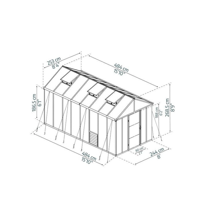 Palram - Canopia Glory Premium DIY Greenhouse Kit 8 ft. Wide with 10mm Twinwall Polycarbonate Panels and Aluminum Frame - Greenhouse Megastore