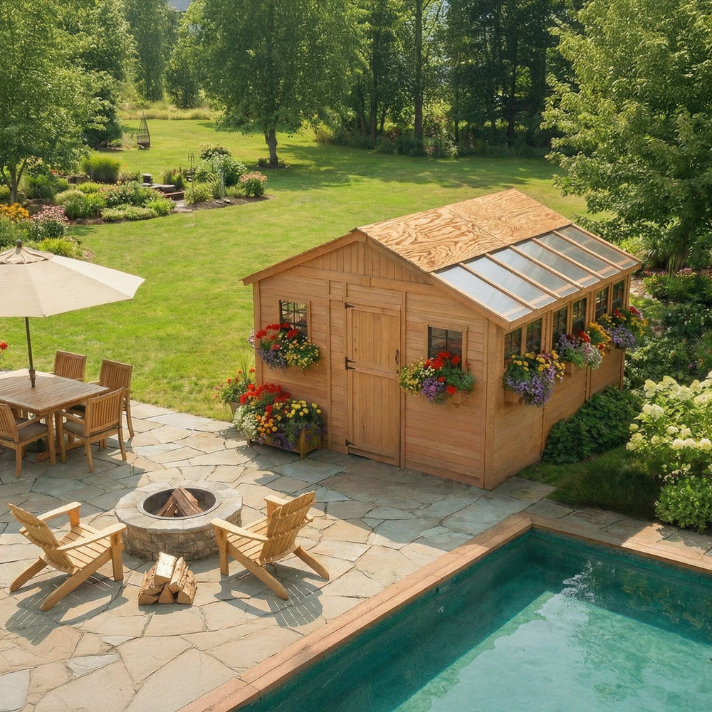 SunShed Garden Building and Greenhouse Kit 12 x 12 ft. with Glass Panels and Cedar Wood Frame - Greenhouse Megastore