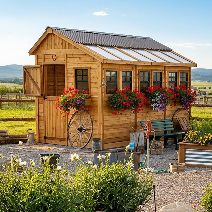 SunShed Garden Building and Greenhouse Kit 8 x 12 ft. with Glass Panels and Cedar Wood Frame - Greenhouse Megastore