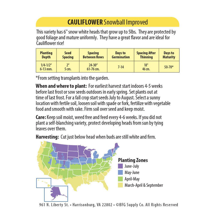 Wetsel Seed™ Snowball Improved Cauliflower Seed - Greenhouse Megastore