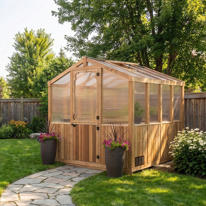 Outdoor Living Greenhouse Kit 8 ft. Wide with 6mm Twin Wall Polycarbonate Panels and Cedar Wood Frame - Greenhouse Megastore