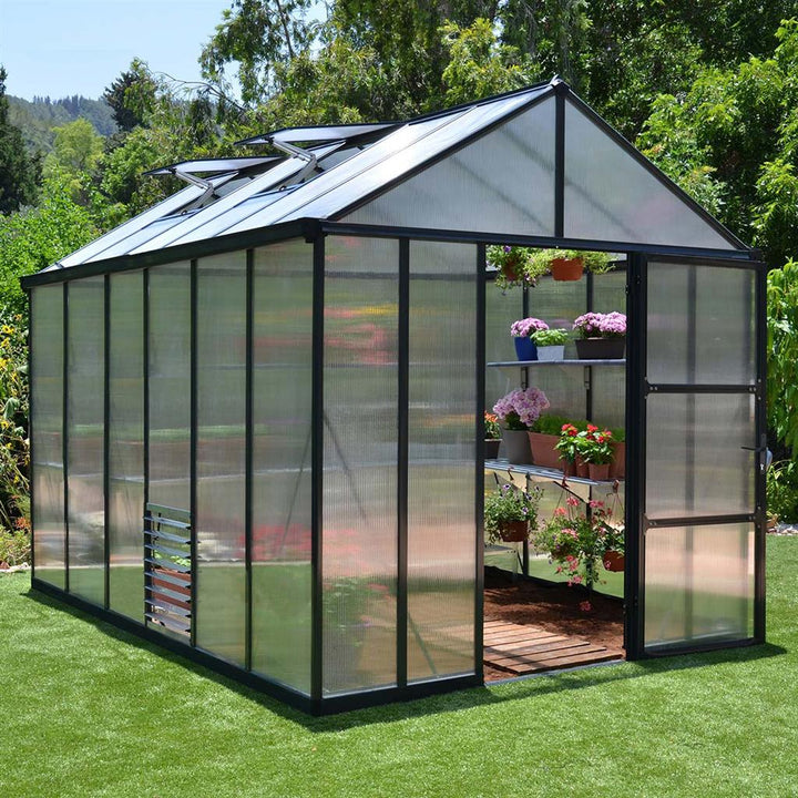 Palram - Canopia Glory Premium DIY Greenhouse Kit 8 ft. Wide with 10mm Twinwall Polycarbonate Panels and Aluminum Frame - Greenhouse Megastore