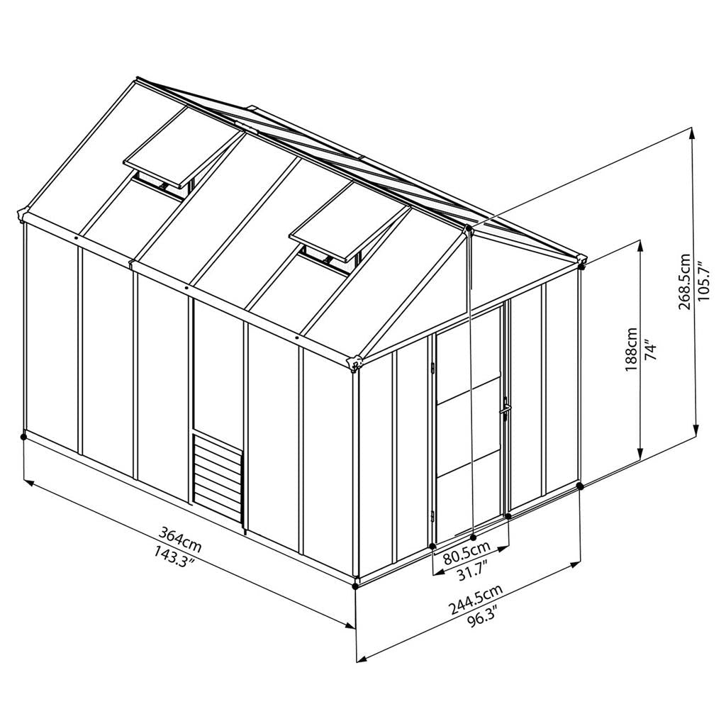 Palram - Canopia Glory Premium DIY Greenhouse Kit 8 ft. Wide with 10mm Twinwall Polycarbonate Panels and Aluminum Frame - Greenhouse Megastore