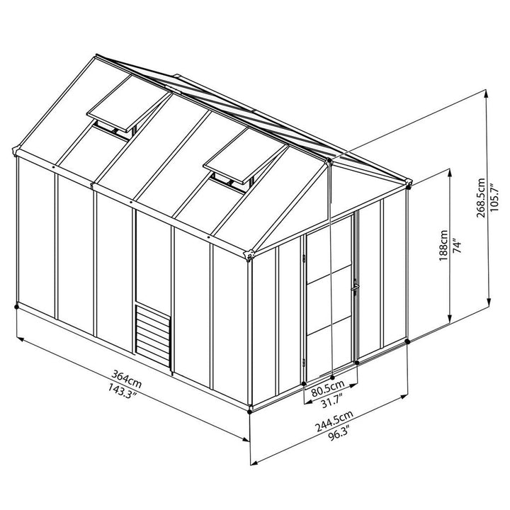 Palram - Canopia Glory Premium DIY Greenhouse Kit 8 ft. Wide with 10mm Twinwall Polycarbonate Panels and Aluminum Frame - Greenhouse Megastore