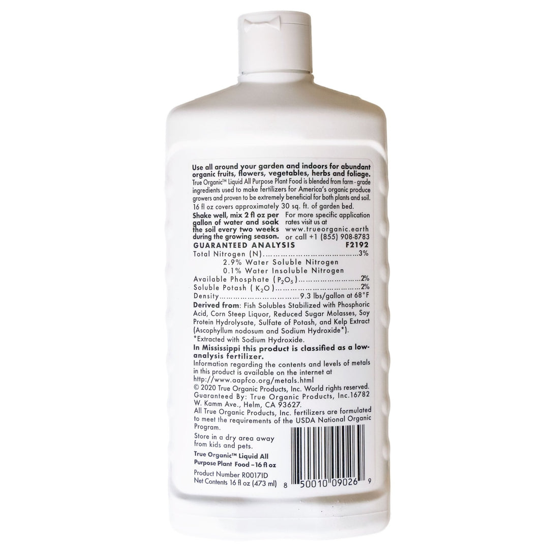 the label on a bottle of organic liquid fertilizer True Organic 16 oz. Bottle Liquid All-Purpose Plant Food